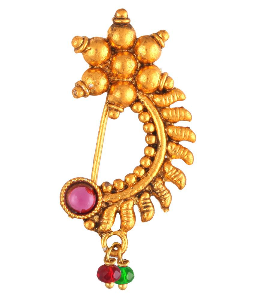 Vighnaharta Oxidised Gold with Artificial stone and beads Red Stone Alloy Maharashtrian Nath Nathiya./ Nose Pin for women-VFJ1035NTH-Press