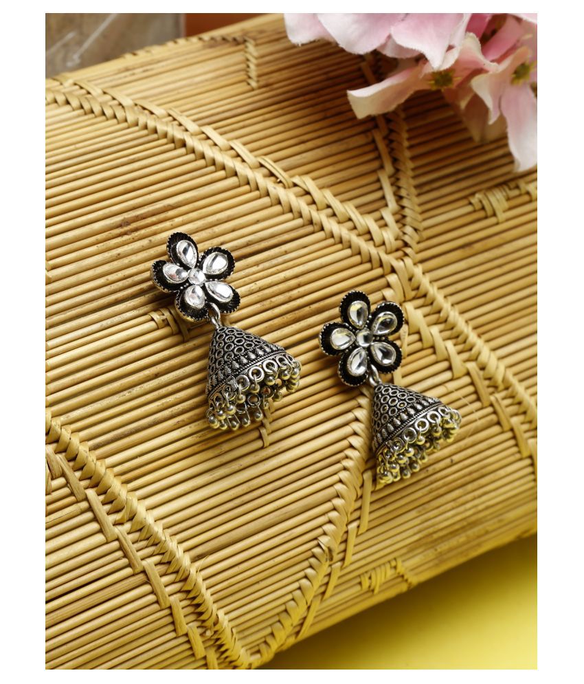     			NEUDIS Oxidised Ethnic Antique Silver Toned Floral Jhumki Drop Earring