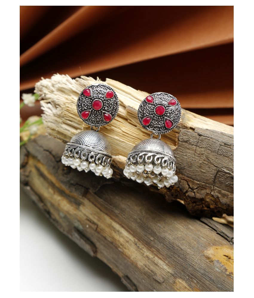     			NEUDIS Oxidised Ethnic Antique Silver Toned Red Stone & White Pearl Studed Floral Jhumki Drop Earring