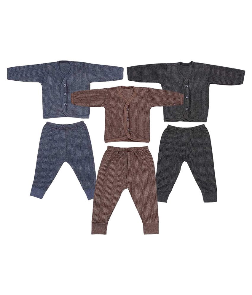     			Penyan™ Front Open Kids Baby Boys Thermal Set Body Warmer Top & Pyjama, Size Medium (3-6 Months), Blue, Brown & Grey, Pack of 3