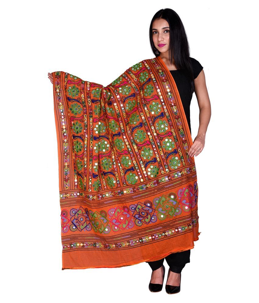     			Raj Orange Cotton Aari Embroidered Dupatta - Single