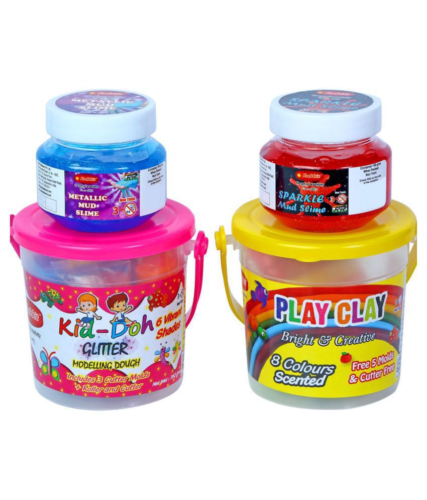 Rabbit Kid Doh Glitter Bucket+Play Clay Bucket +Metallic 100gm+ Neon 100gm|Sand Clay for Kids|Sand Slime|Play Doh Slime