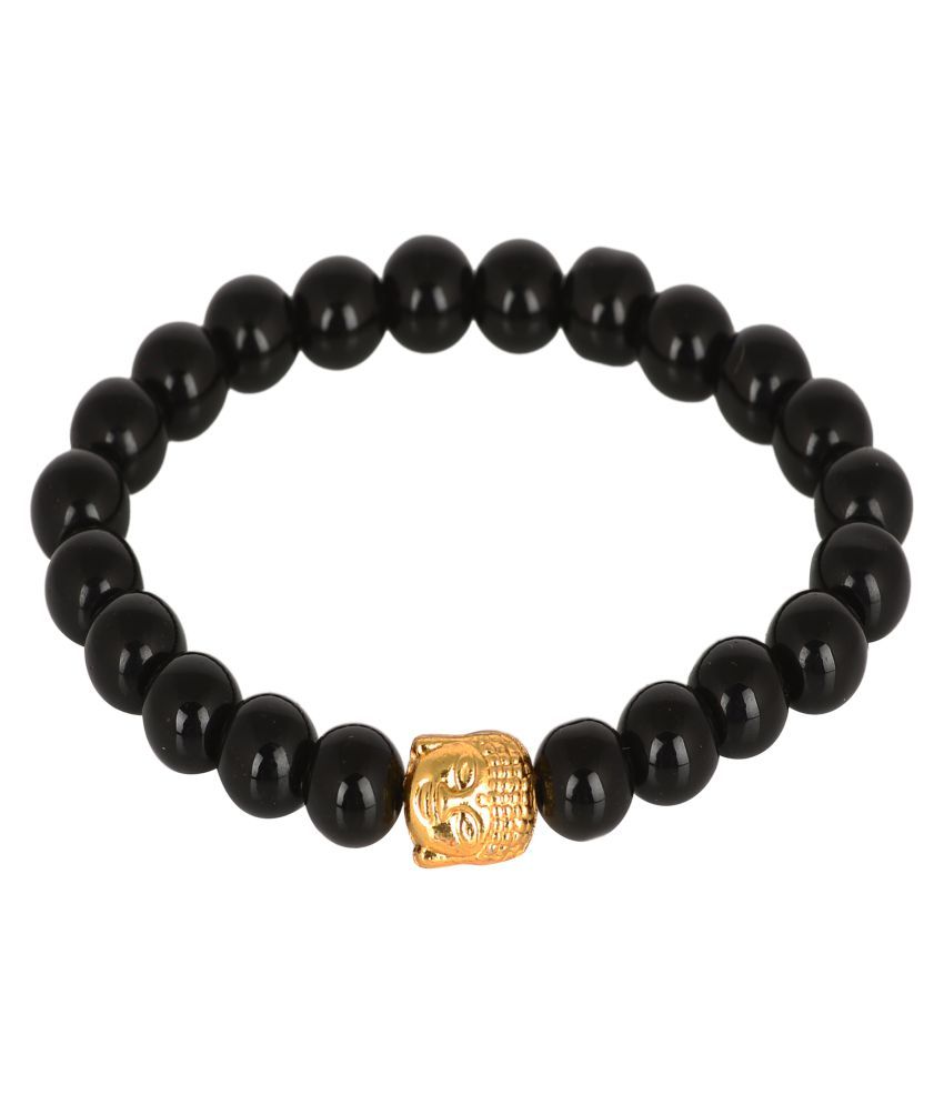     			KESAR ZEMS Natural Black Akik Hakik Agate Stone With Golden Color Buddha Cham Stretchable Bracelet Wrist Stylish Band For Unisex {10 x 2 x 1 CM} Black.