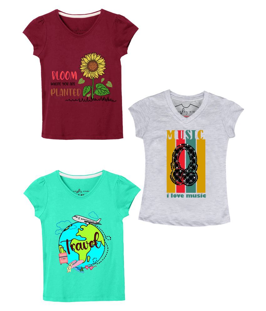     			Naughty Ninos Girls Cotton Printed Tshirts - Pack of 3