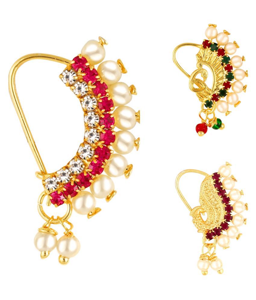 Vighnaharta Piercing Gold Plated Mayur design with Pearls and AD Stone Alloy Maharashtrian Nath Nathiya./ Nose Pin combo for women VFJ1010-1012-1007NTH-Tar