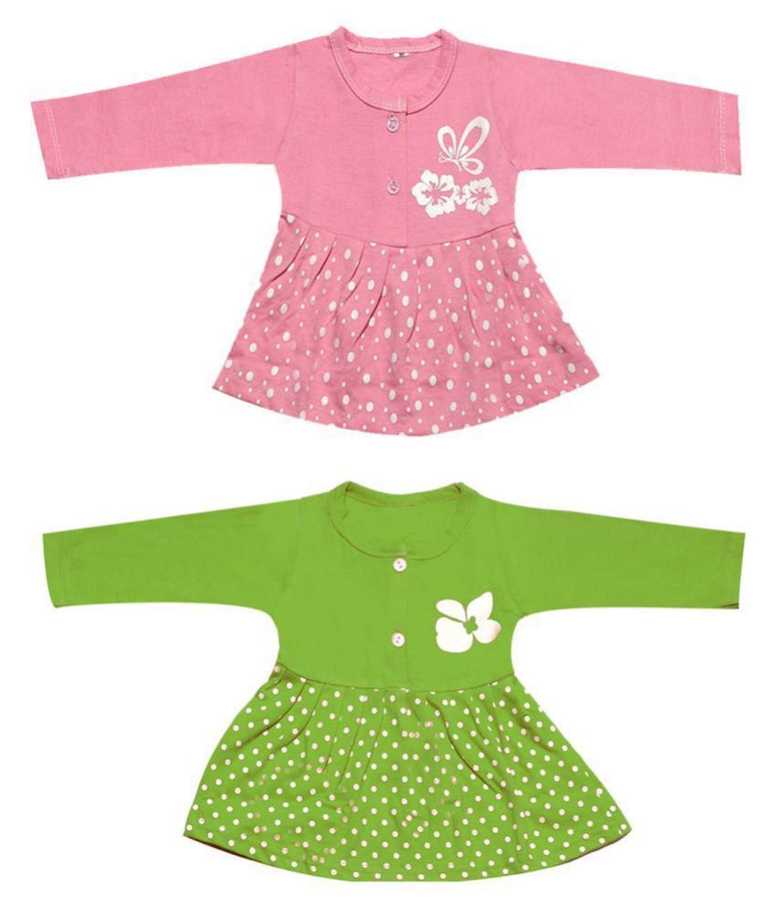     			Babeezworld Regular Daily Wear Baby Girl Cotton Full Sleeves Vest  Jhabla Frock Dress Set (Kids Combo Pack Of 2)