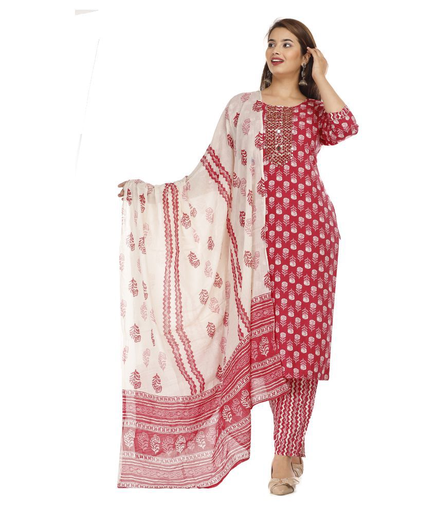     			HIGHLIGHT FASHION EXPORT - Red Straight Cotton Women's Stitched Salwar Suit ( Pack of 1 )