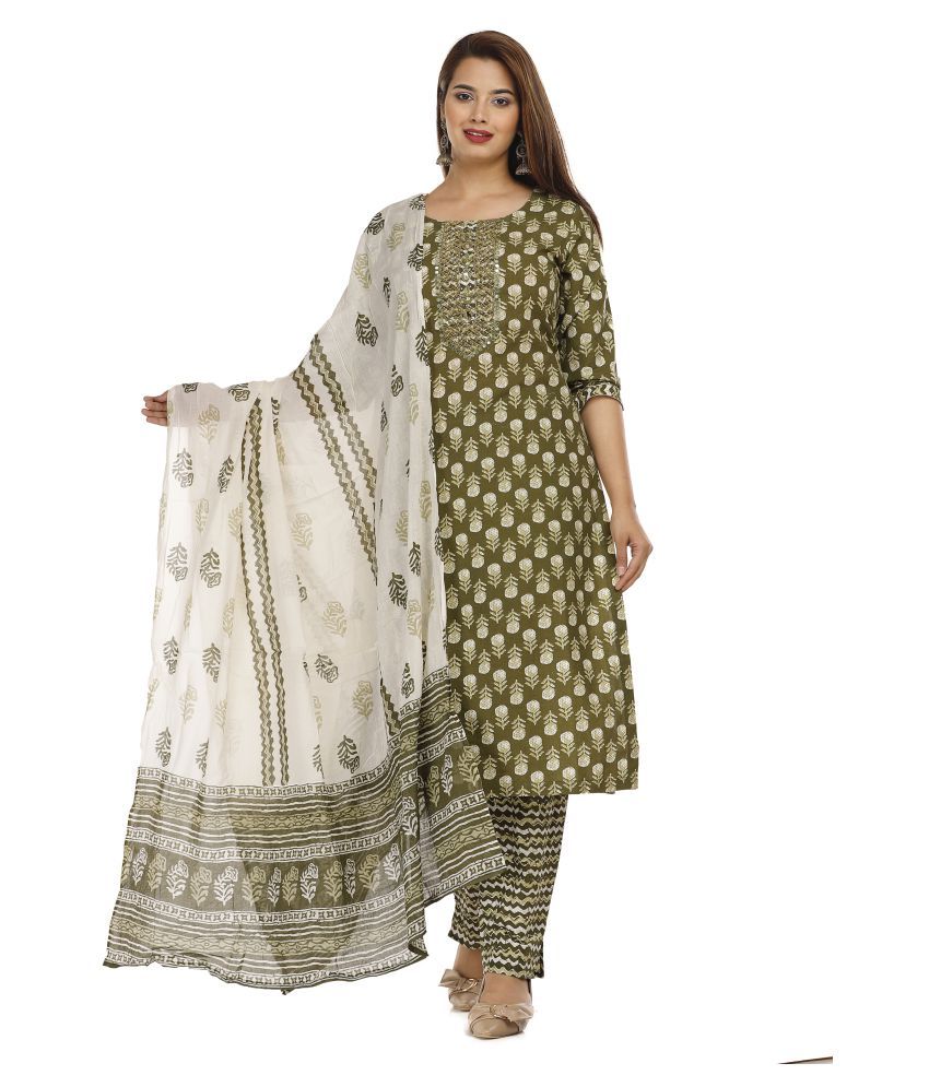     			HIGHLIGHT FASHION EXPORT - Green Straight Cotton Women's Stitched Salwar Suit ( Pack of 1 )