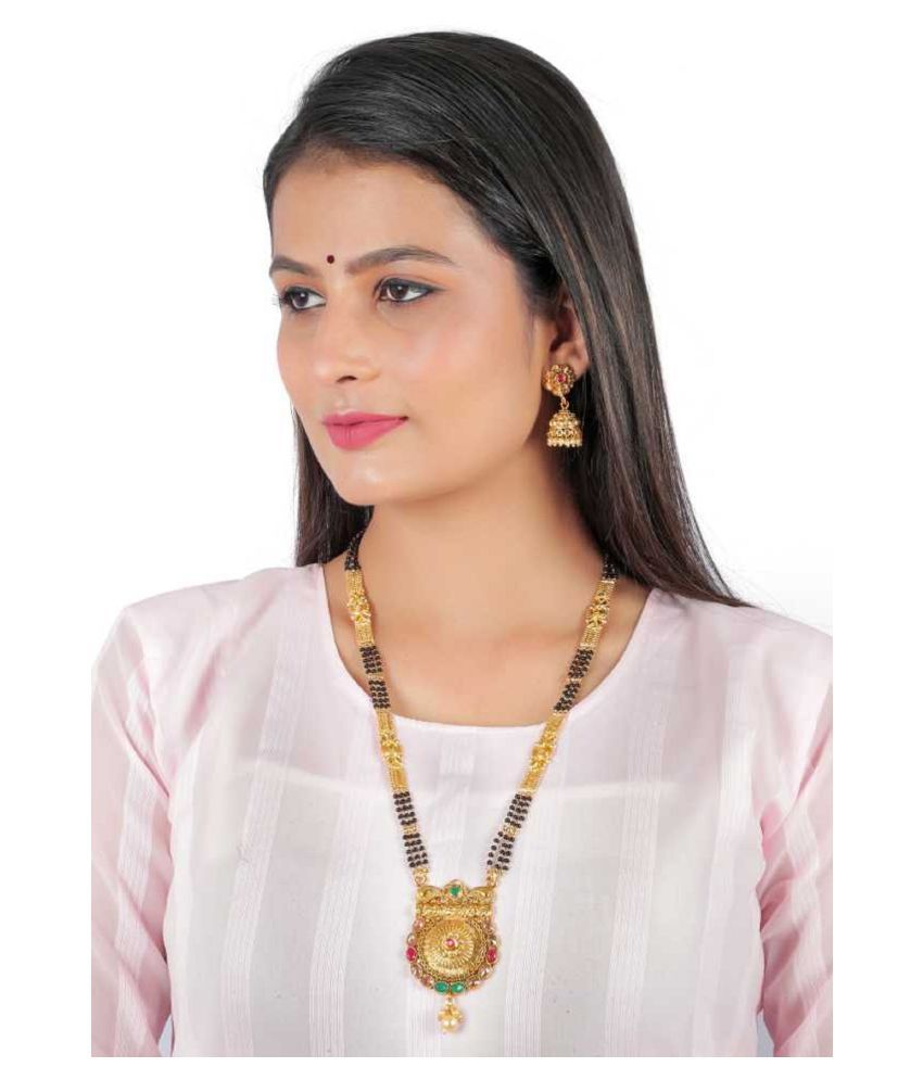     			SONIJEWELLERY Traditional Ethnic One Gram Gold Plated 30 Inch Long Black Beads Latest Stylish Designer Pendant Golden Mangalsutra With Earring for Women