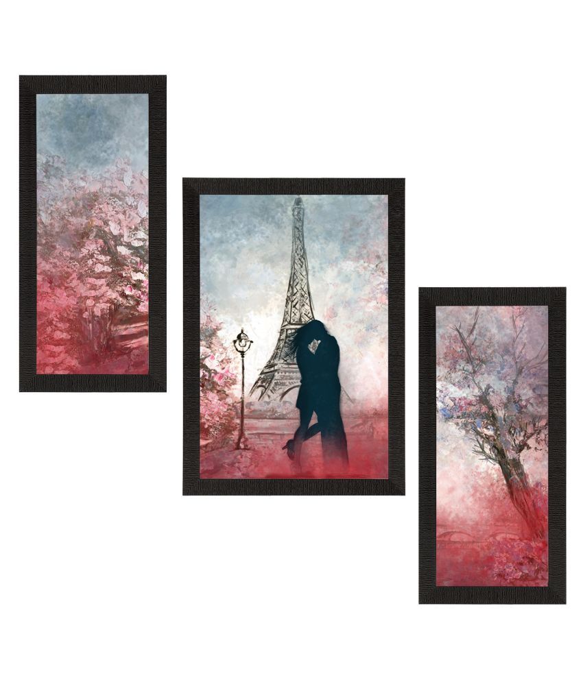     			eCraftIndia Set of 3 Red & Black Loving Couple Near Eiffel Tower Satin Matt Texture UV Art Painting