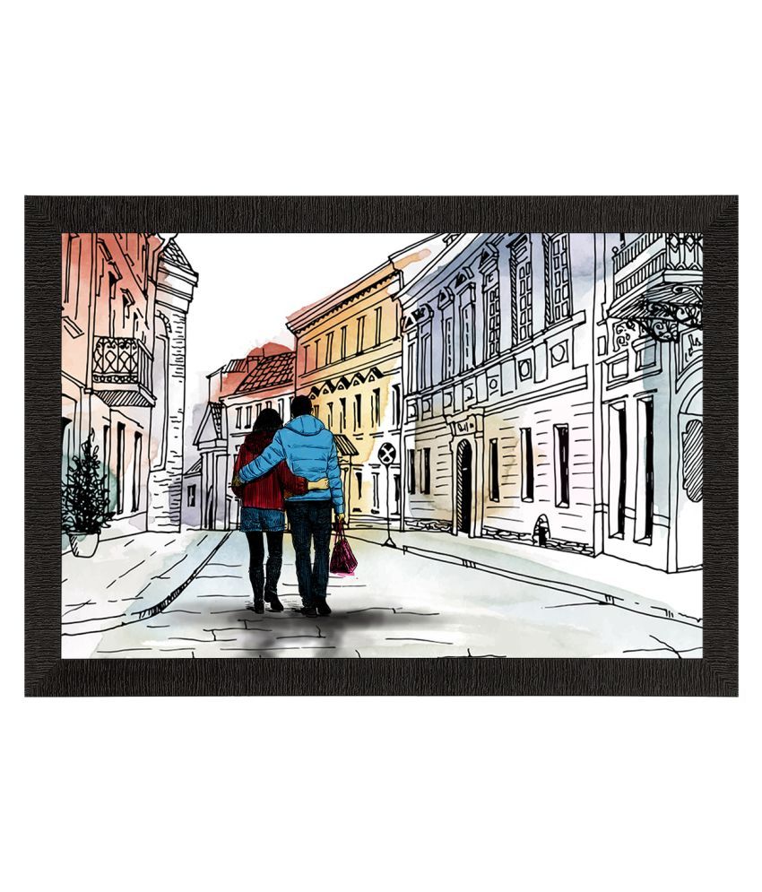     			eCraftIndia White & Black Romantic Couple Walking on Streets Valentine Theme Satin Matt Texture UV Art Painting