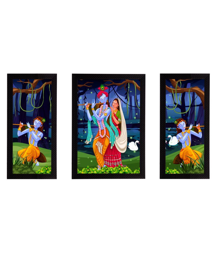     			eCraftIndia Set of 3 Blue & Green Radha Krishna Satin Matt Texture UV Art Wall Painting