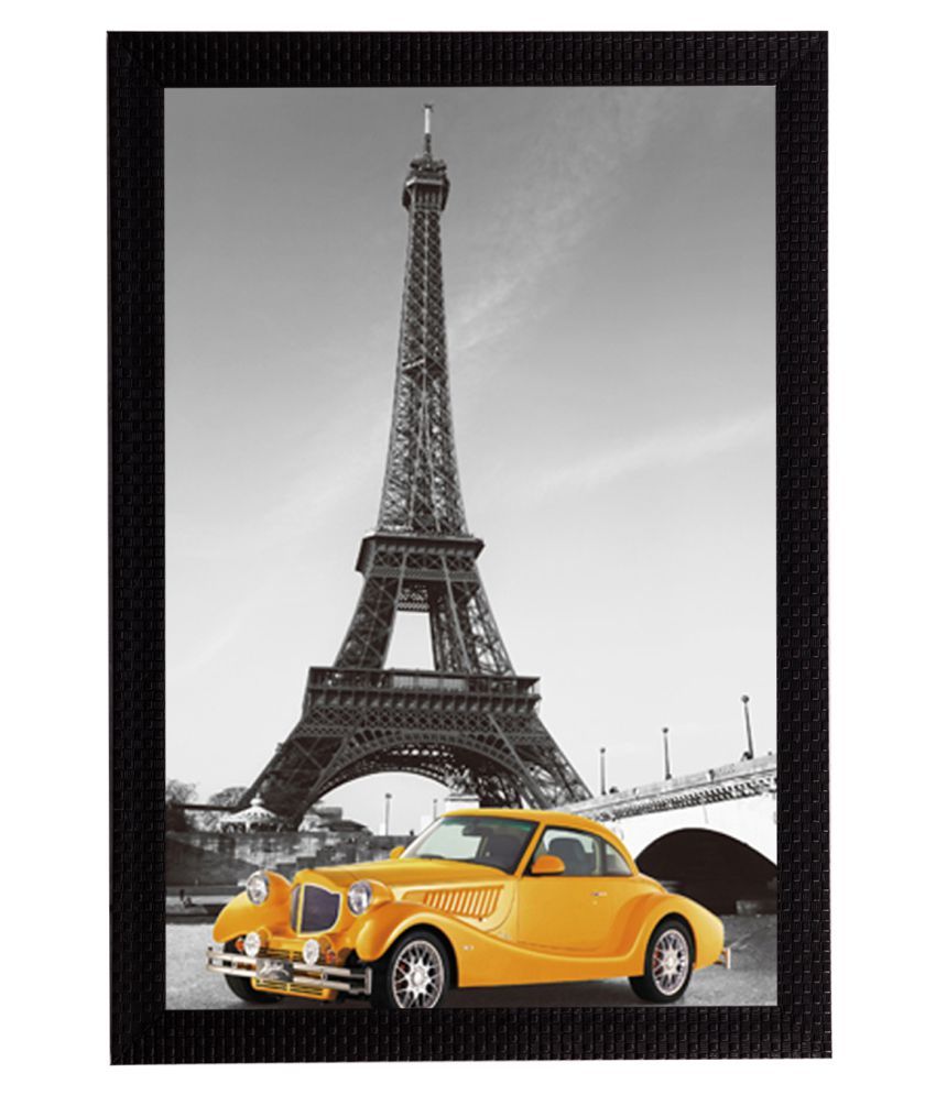     			eCraftIndia Yellow Car Underneath Eiffel Tower Satin Matt Texture UV Art Painting