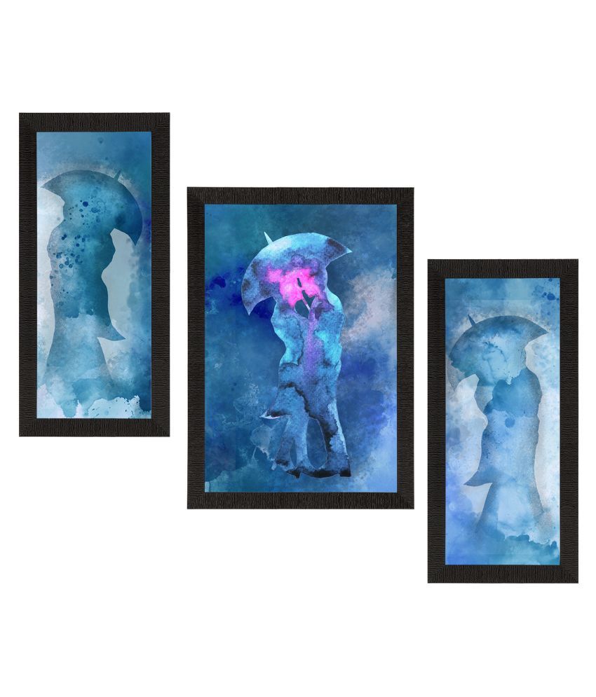     			eCraftIndia Set of 3 Blue & White Loving Couple Under Umbrella Valentine Theme Satin Matt Texture Art Paintings