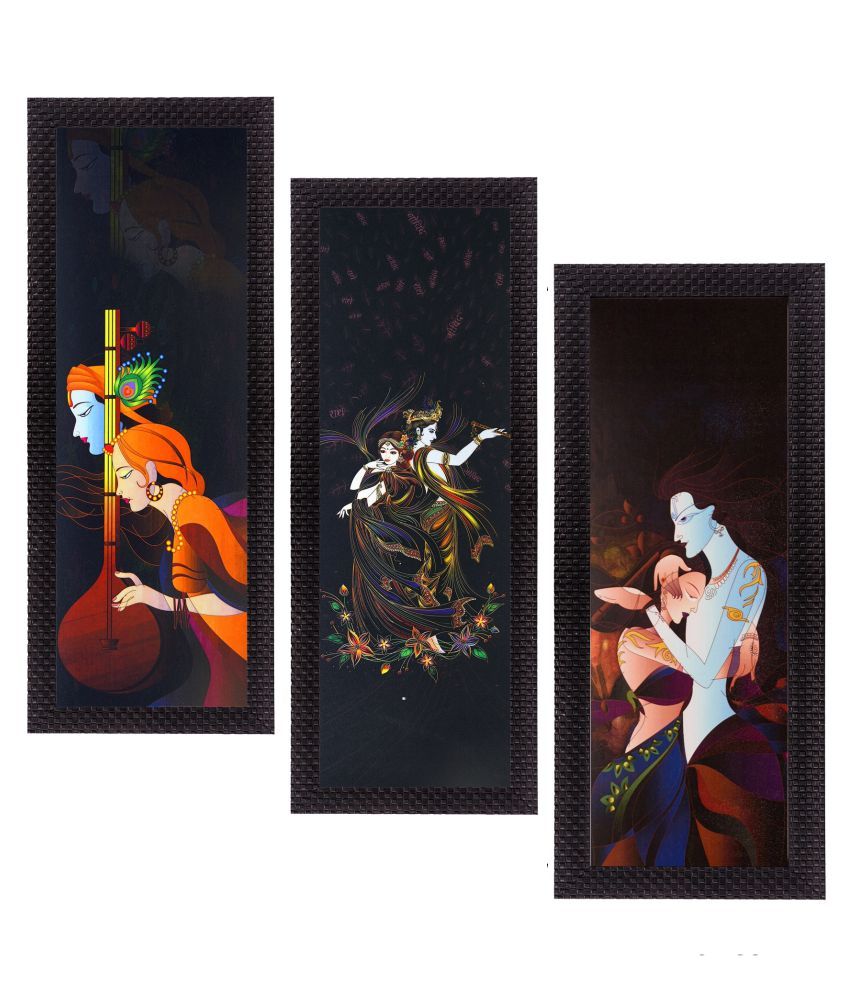     			eCraftIndia Set of 3 Black & Orange Radha Krishna Satin Matt Texture UV Wall Art