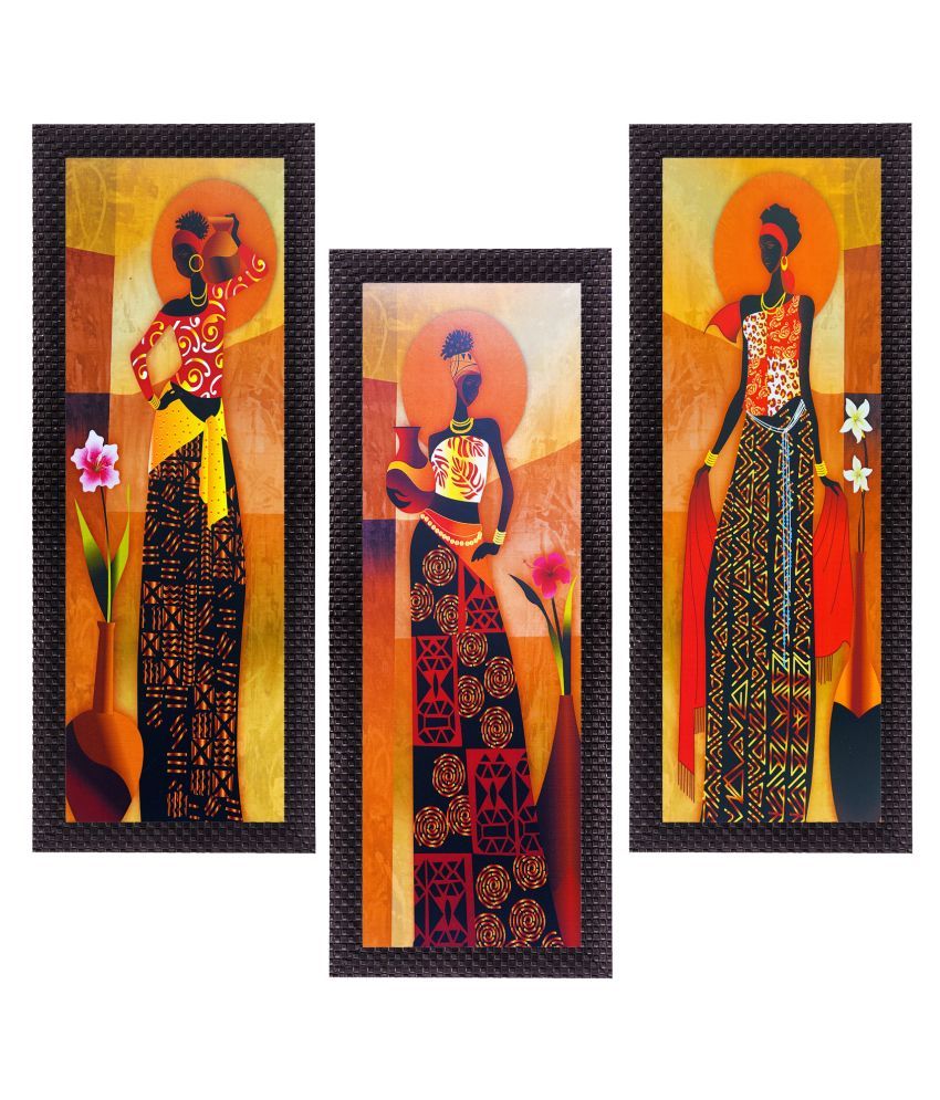     			eCraftIndia Set of 3 Orange & Black Tribal Village Ladies Printed Satin Matt Texture UV Wall Art