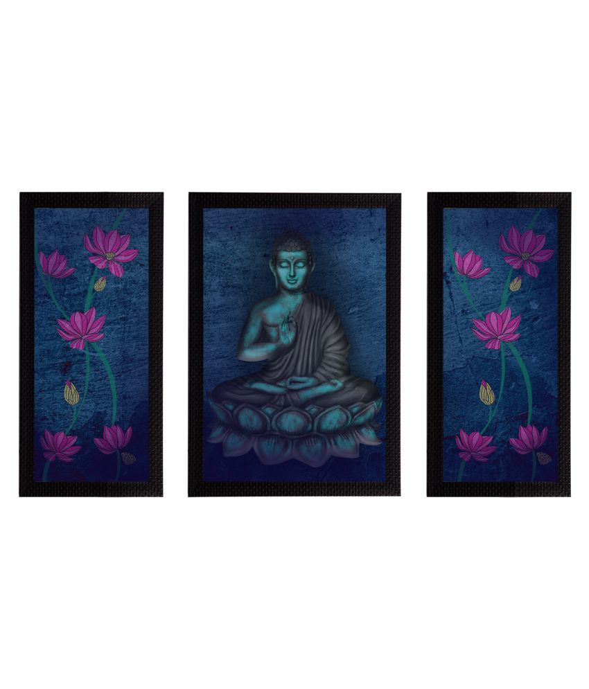     			eCraftIndia Set of 3 Blue & Pink Meditating Lord Buddha Satin Matt Textured UV Art Painting