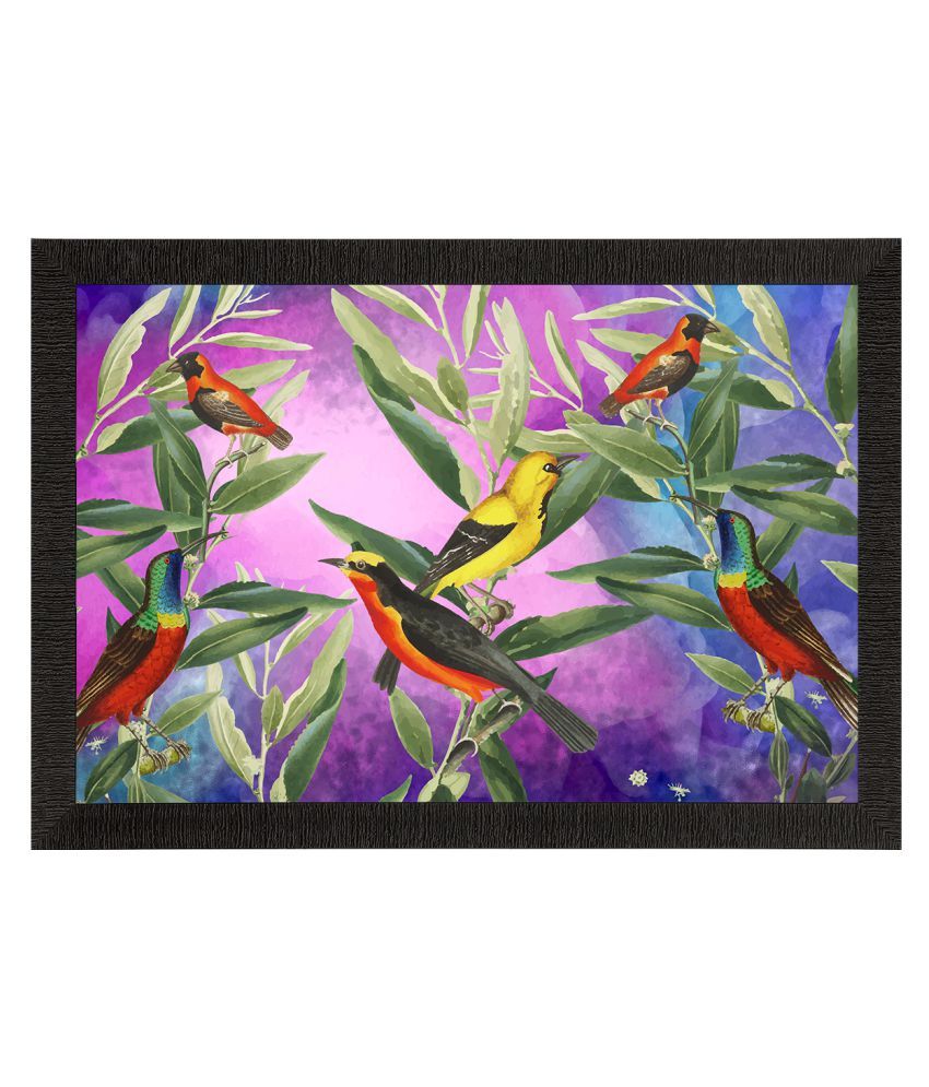     			eCraftIndia Purple & Green Colorful Birds Sitting On Tree Branch Satin Matte Wall Art