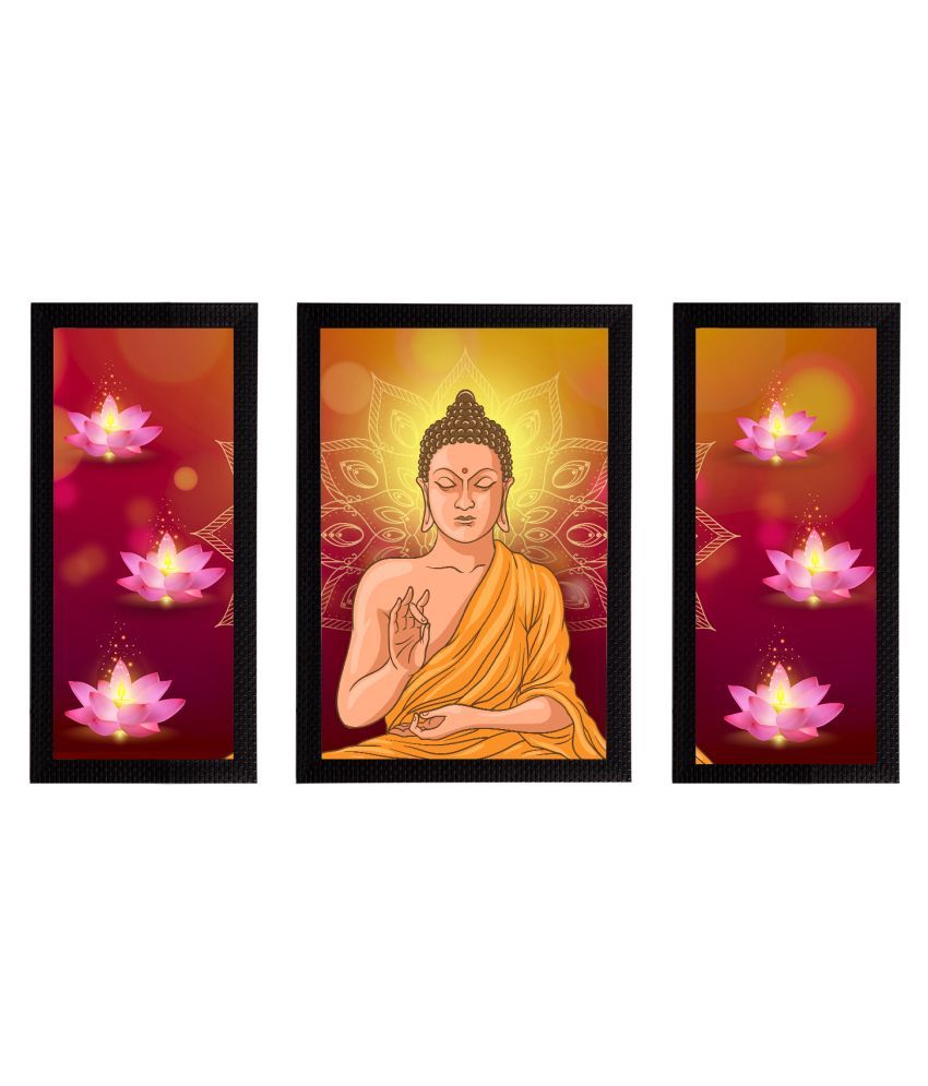     			eCraftIndia Set of 3 Pink & Yellow Meditating Lord Buddha Satin Matt Textured UV Art Painting