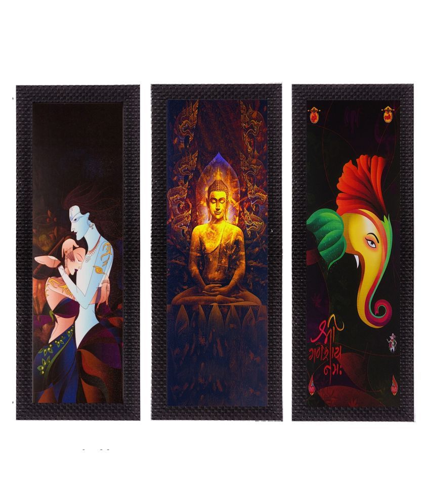     			eCraftIndia Set of 3 Yellow Radha Krishna Ganesha Buddha Satin Matt Texture UV Wall Art