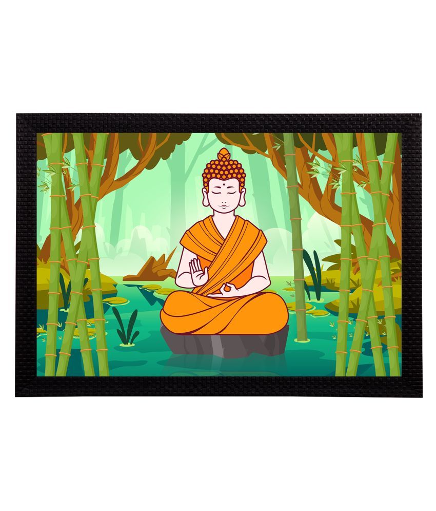     			eCraftIndia Green & Mustard-Yellow Meditating Lord Buddha Satin Matt Textured UV Wall Art