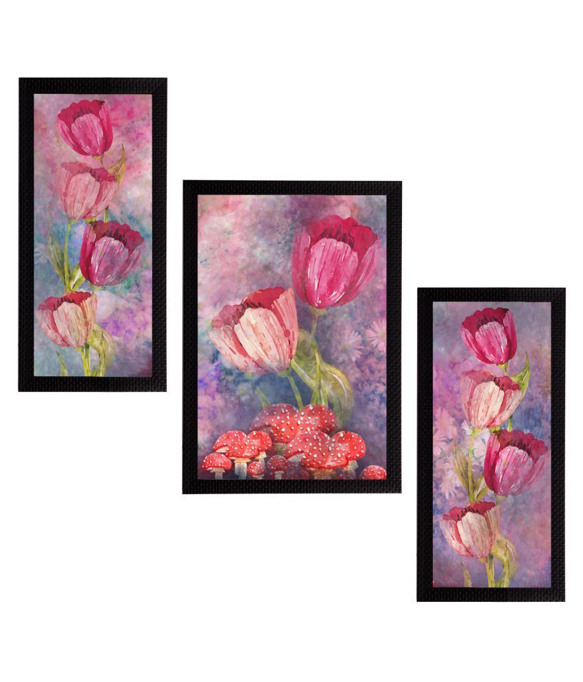     			eCraftIndia Set of 3 Pink & Green Botanical and Floral Satin Matt Textured UV Wall Art