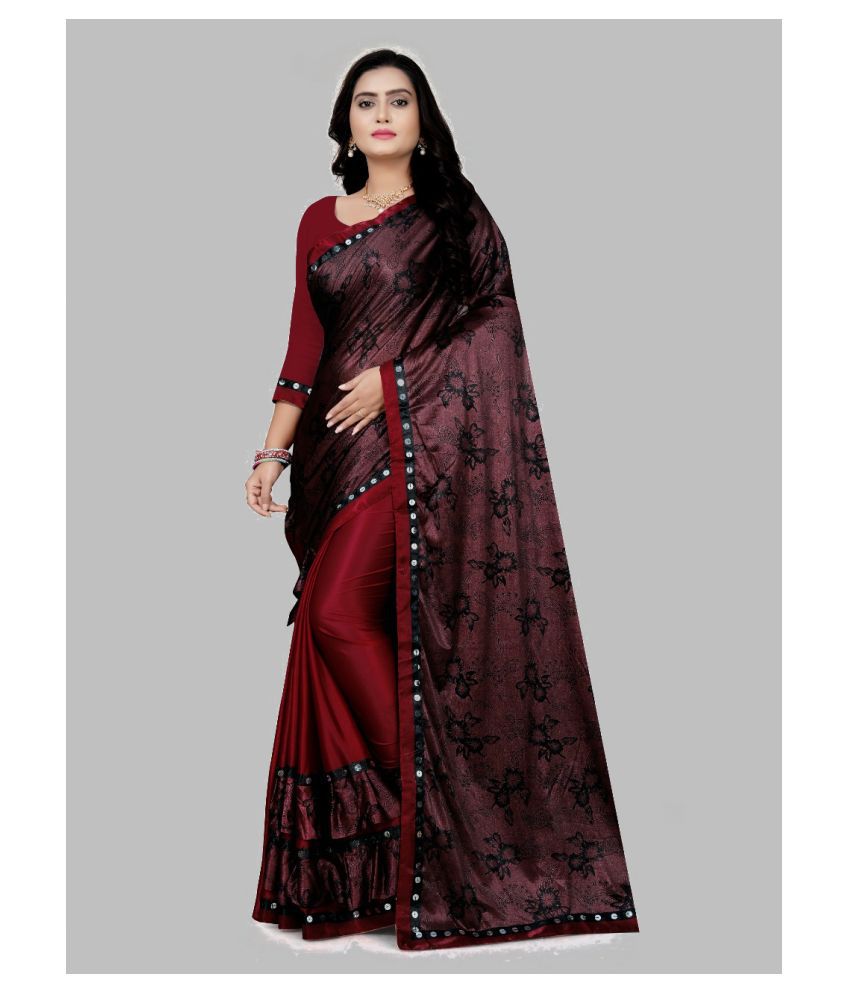 Gazal Fashions Maroon Lycra Printed Party Wear Saree With Blouse Piece