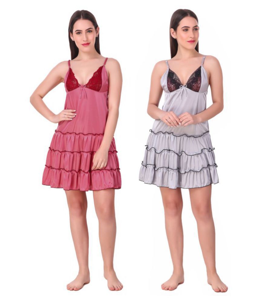     			N-Gal Satin Baby Doll Dresses With Panty - Multi Color Pack of 2