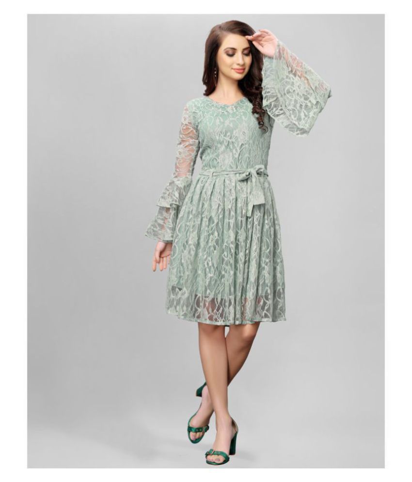     			Selvia Net Green Fit And Flare Dress -