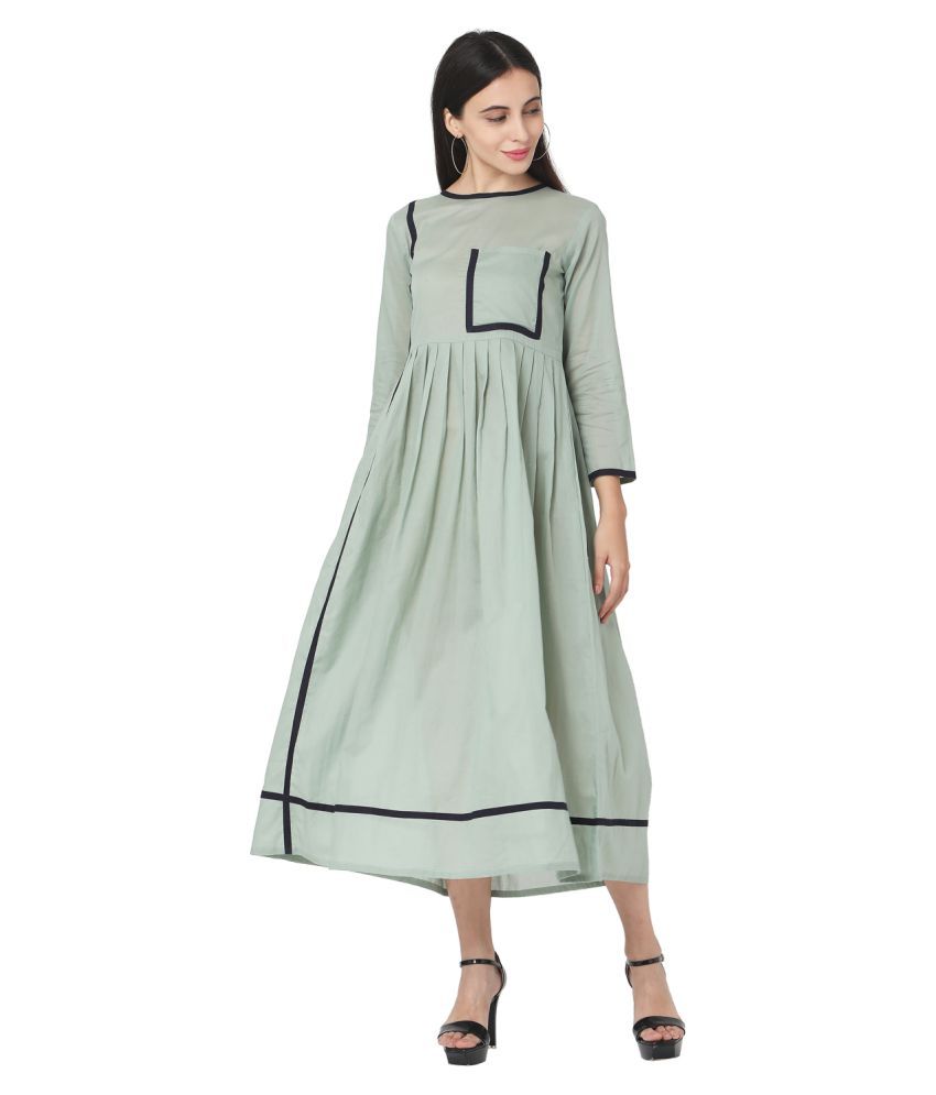     			SAANJH Green Cotton A-line Kurti -