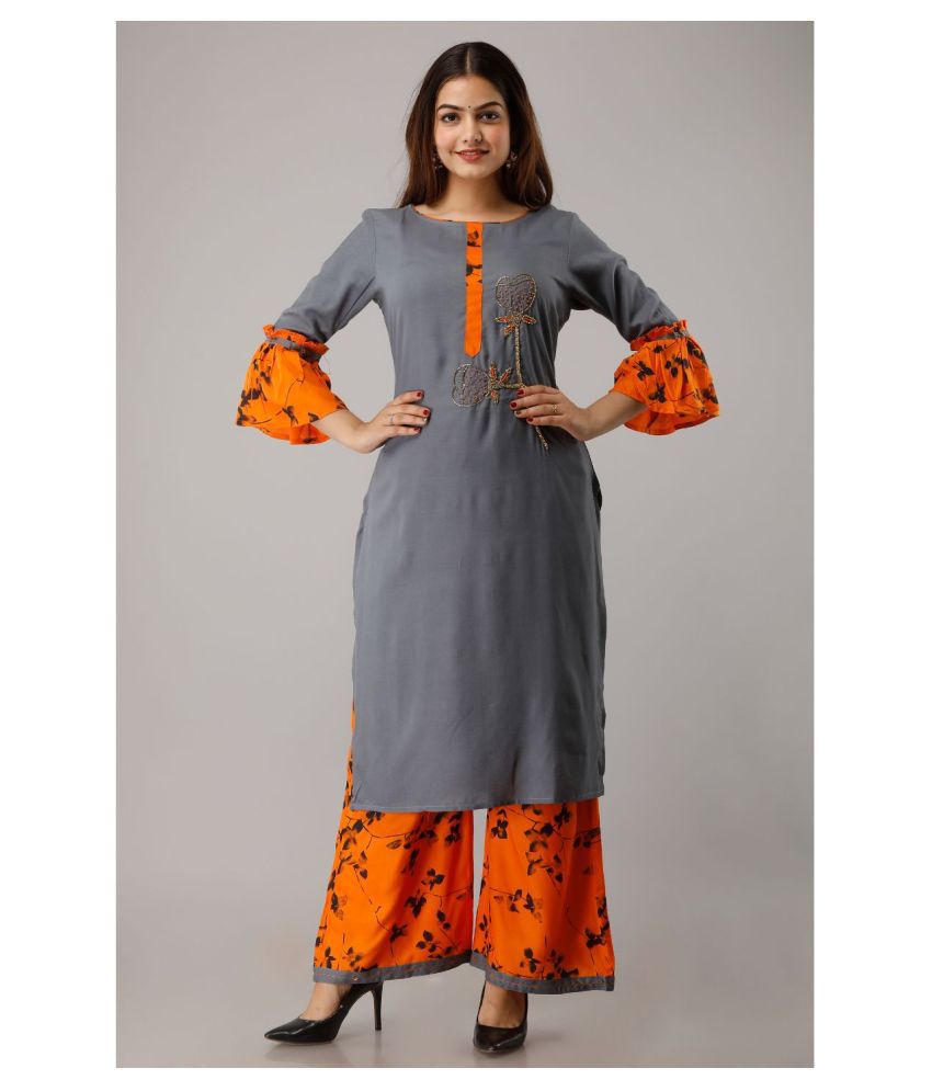     			Frionkandy - Grey Melange Straight Rayon Women's Stitched Salwar Suit ( Pack of 1 )