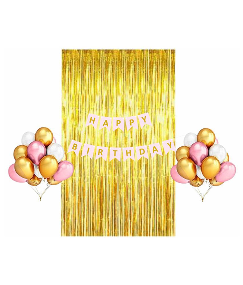 33 Pcs Combo, Pink, White, Golden Metallic Balloons Decoration For Girls, Golden Foil Fringe Curtain, Baby Pink Color Golden Gradient Happy Birthday Banner for Birthday Decoration