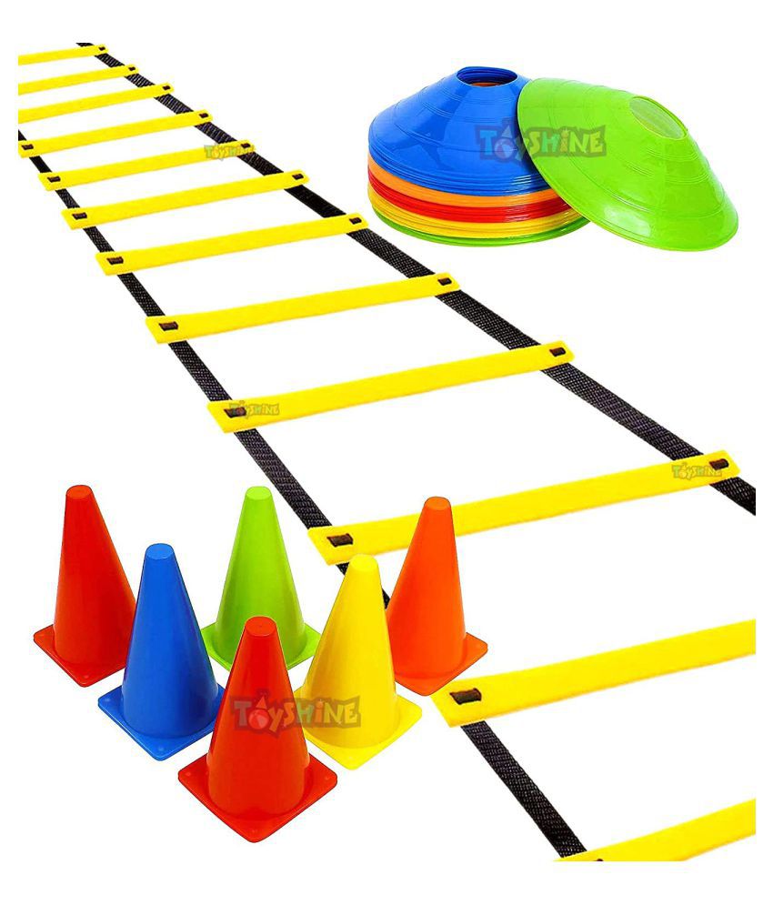 Toyshine Fitness Combo - 6 Pc (12 Inches) Stacking Cones, 10 Pc Space Markers and 1 Pc Agility Ladder (8 M) (SSTP)- Multicolour