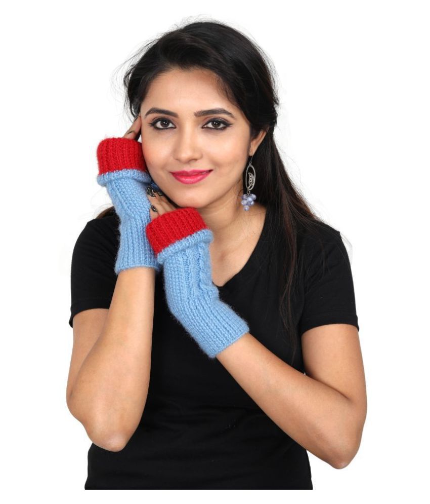     			KC Store Women's Sky Blue & Red Woolen Fingerless Gloves For Winters