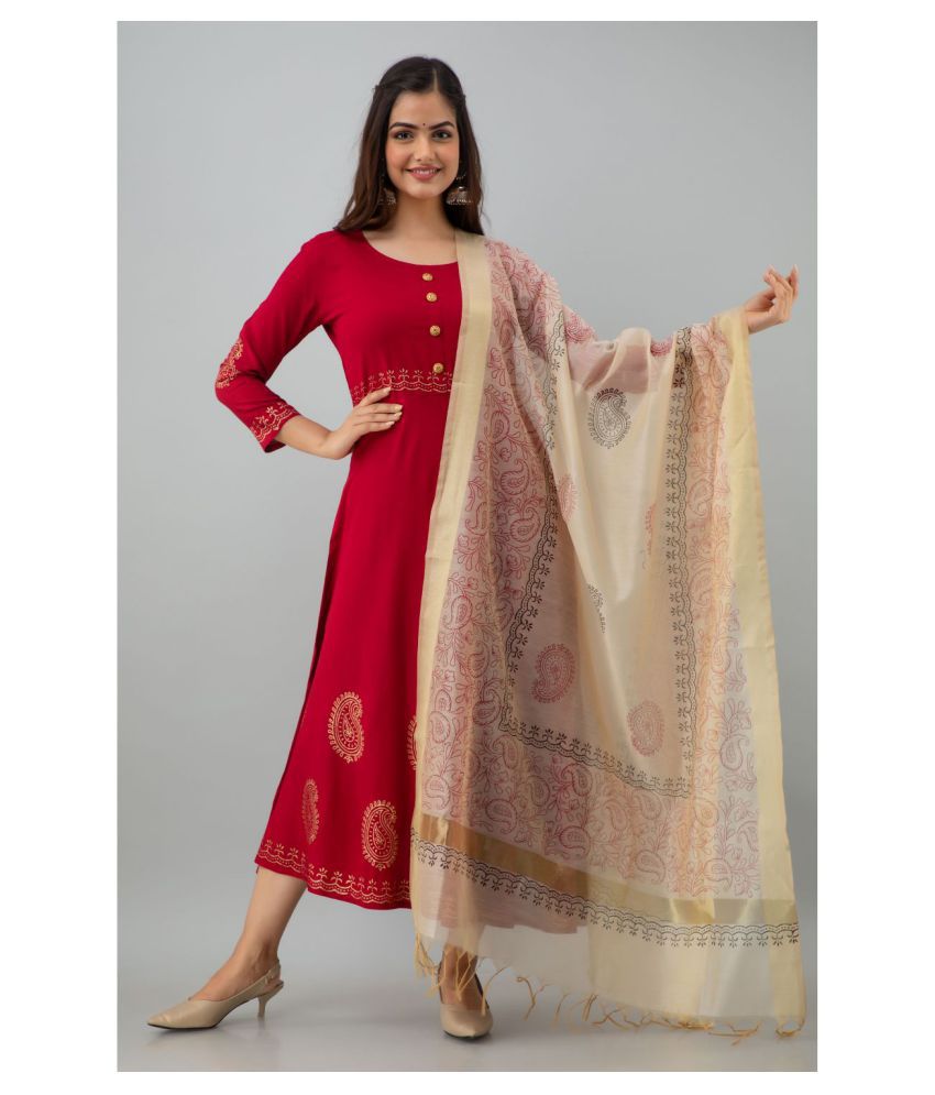     			FABRR - Maroon Rayon Women's Flared Kurti with Dupatta ( Pack of 1 )