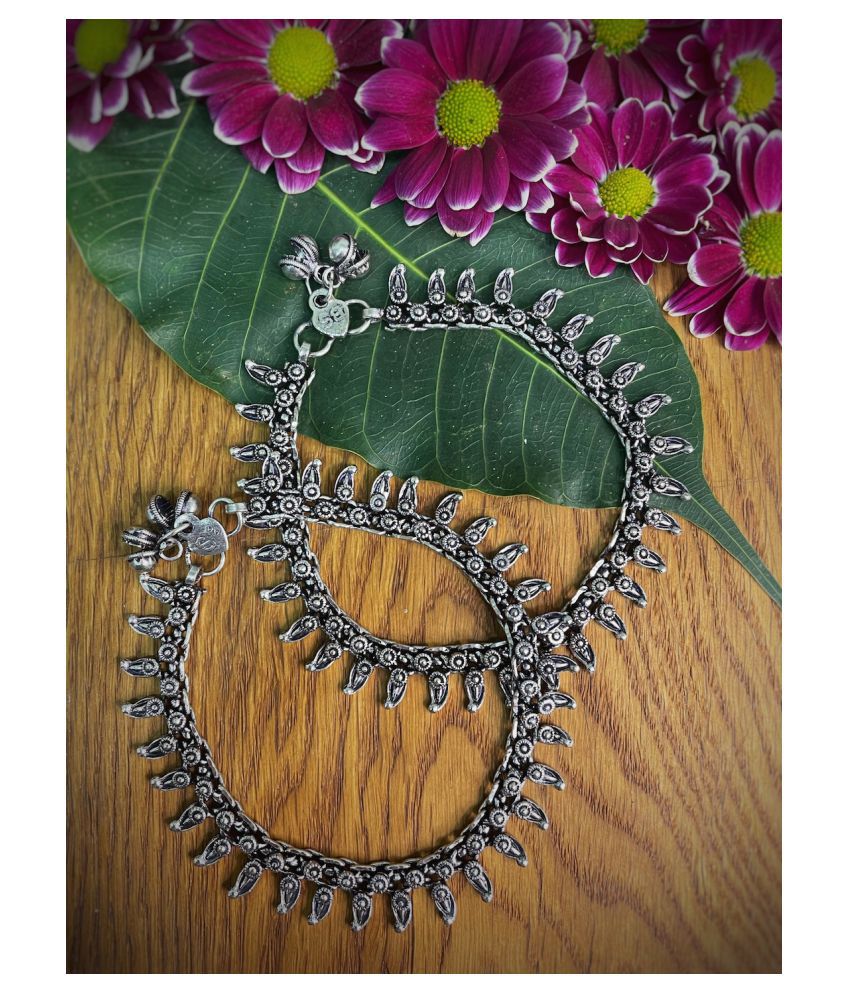 German Oxidised Silver Anklets Floral/Paan Design Payal Silver Plating Paijan Ghungroo Foot Jewellery