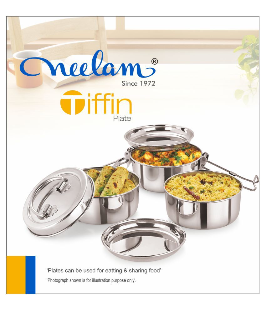     			Neelam Tiffin Plate 7x3 Stainless Steel Lunch Box 3 Container (Pack of 1)
