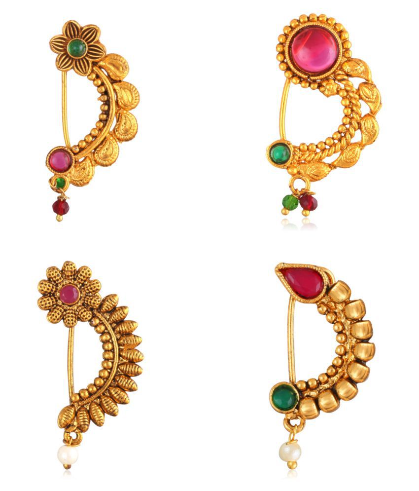     			Vighnaharta Non Piercing Oxidised Gold with Artificial stone and beads Red Stone Alloy Maharashtrian Nath Nathiya./ Nose Pin combo for women VFJ1032-1029-1030-1031NTH-Press
