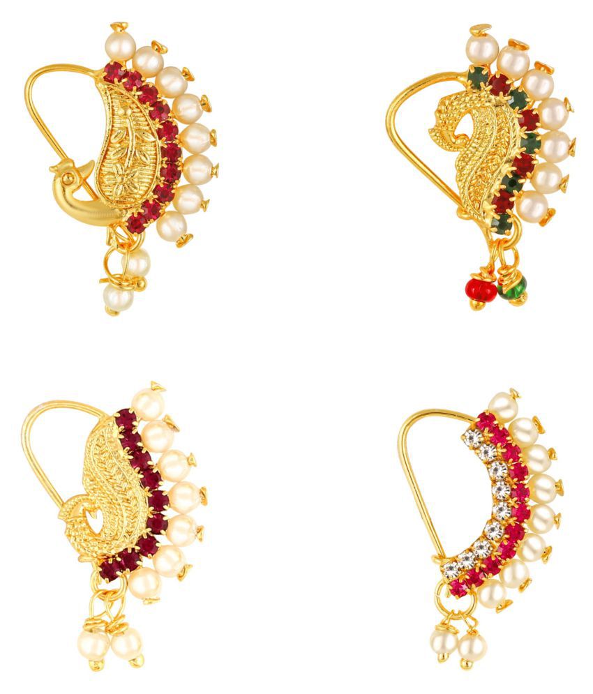     			Vighnaharta Piercing Gold Plated Mayur design with Pearls and AD Stone Alloy Maharashtrian Nath Nathiya./ Nose Pin combo for women VFJ1006-1005-1007-1010NTH-Tar