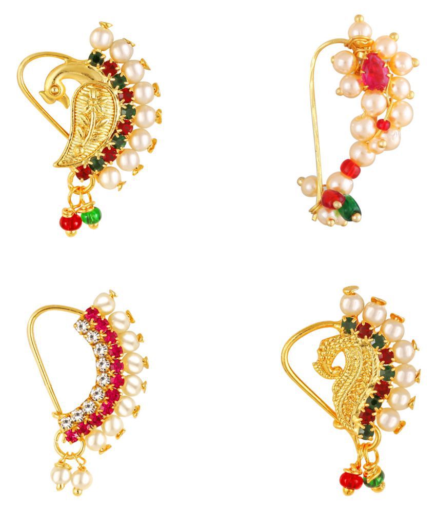     			Vighnaharta Piercing Gold Plated Mayur design with Pearls and AD Stone Alloy Maharashtrian Nath Nathiya./ Nose Pin combo for women VFJ1009-1028-1010-1005NTH-Tar