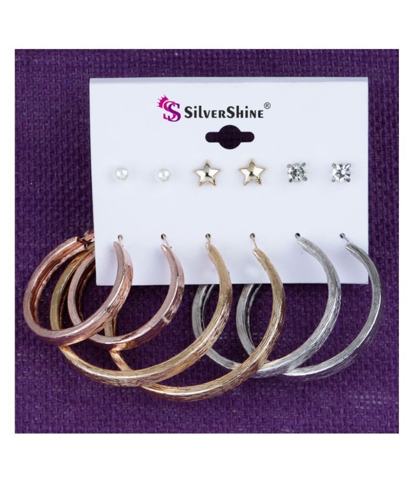     			Silver Shine Stylish Fashion Earring Combo 3 Bali With 3 Studs Set For Women Girls