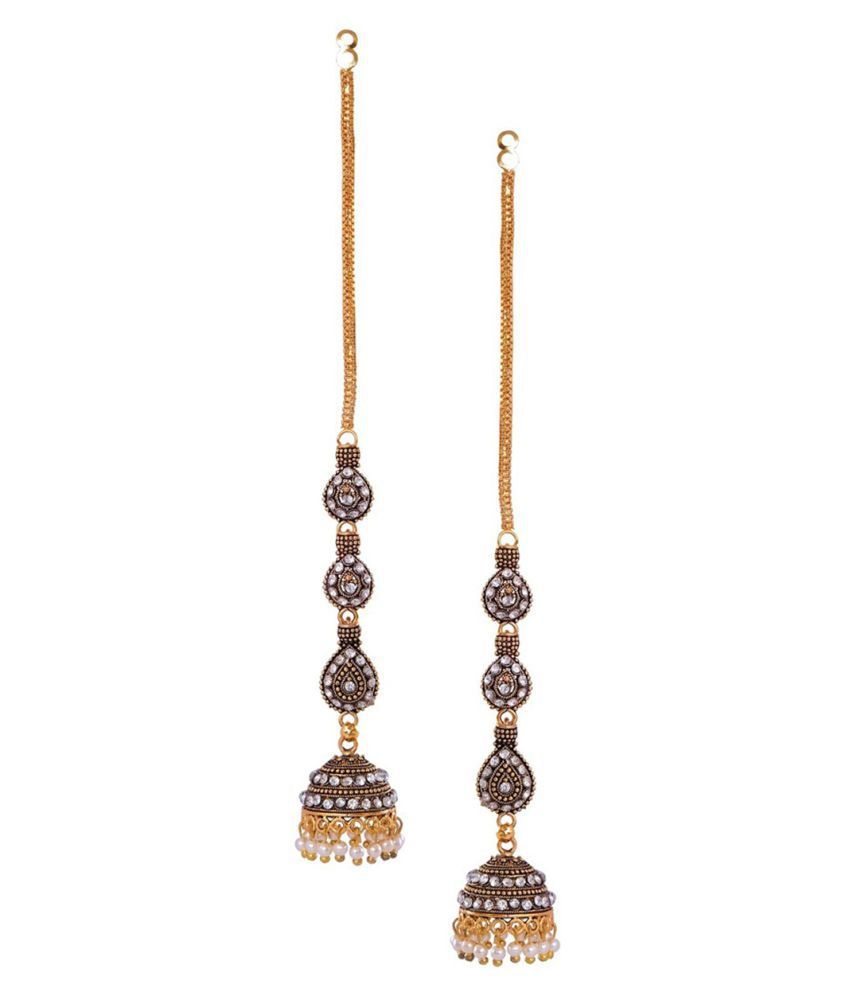     			Happy Stoning Gold Plated Jhumka Earrings with attached Earchains
