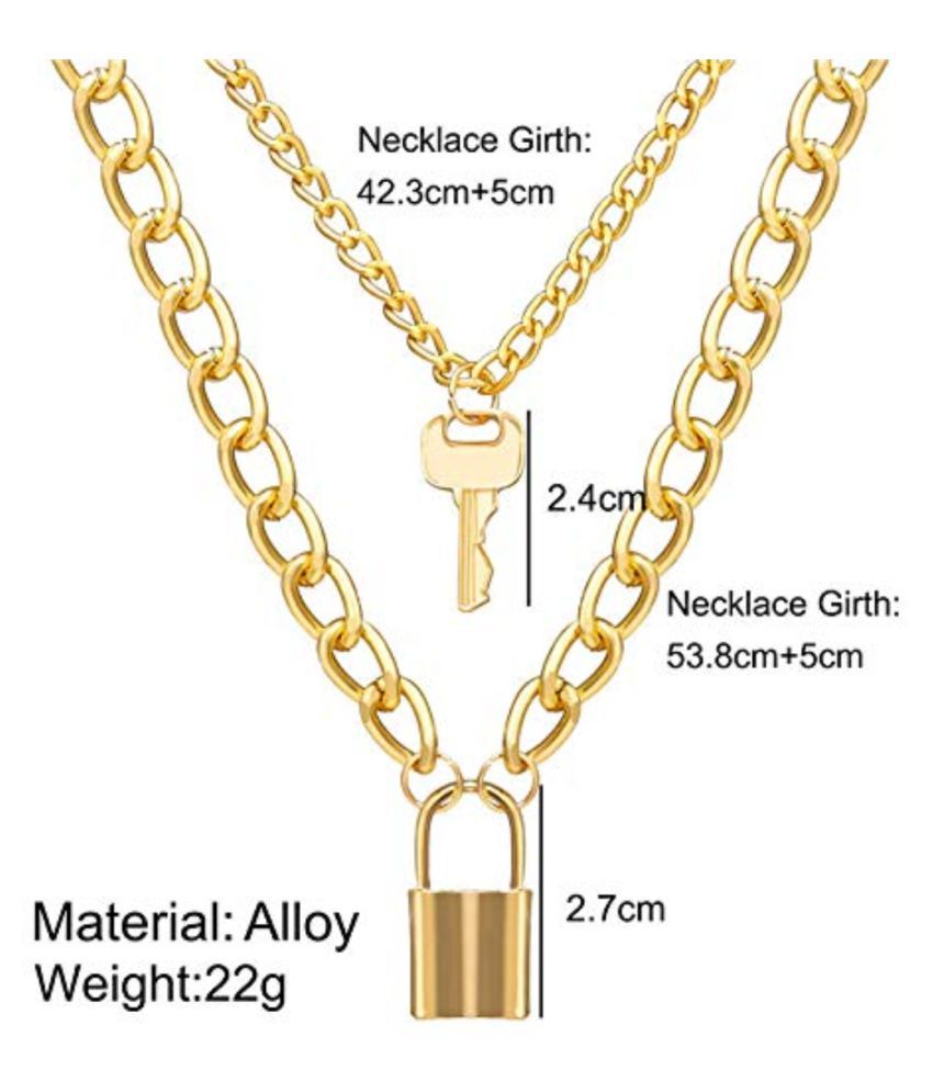     			YouBella Valentine Non-Precious Metal Alloy No Gemstone Jewellery Multi Layered Gold Plated Lock and Key Necklace for Women (Gold)