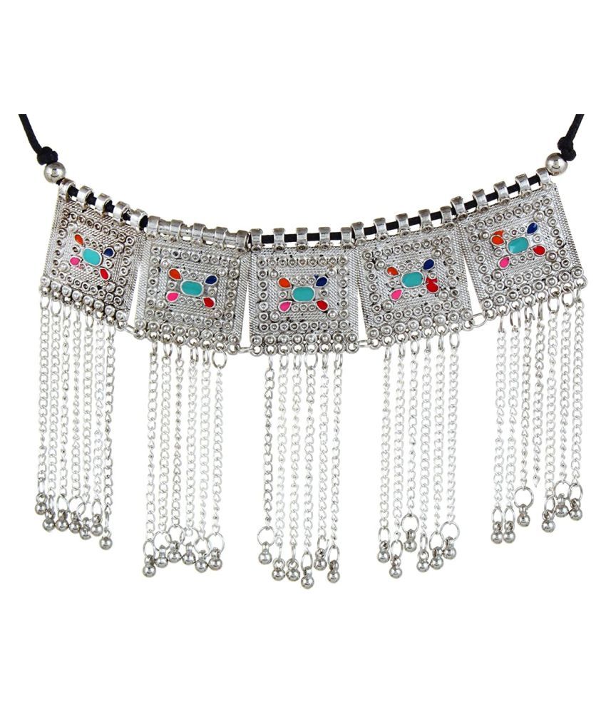     			YouBella Jewellery Oxidised Silver-Plated Floral Stone-Studded Afghani Necklace