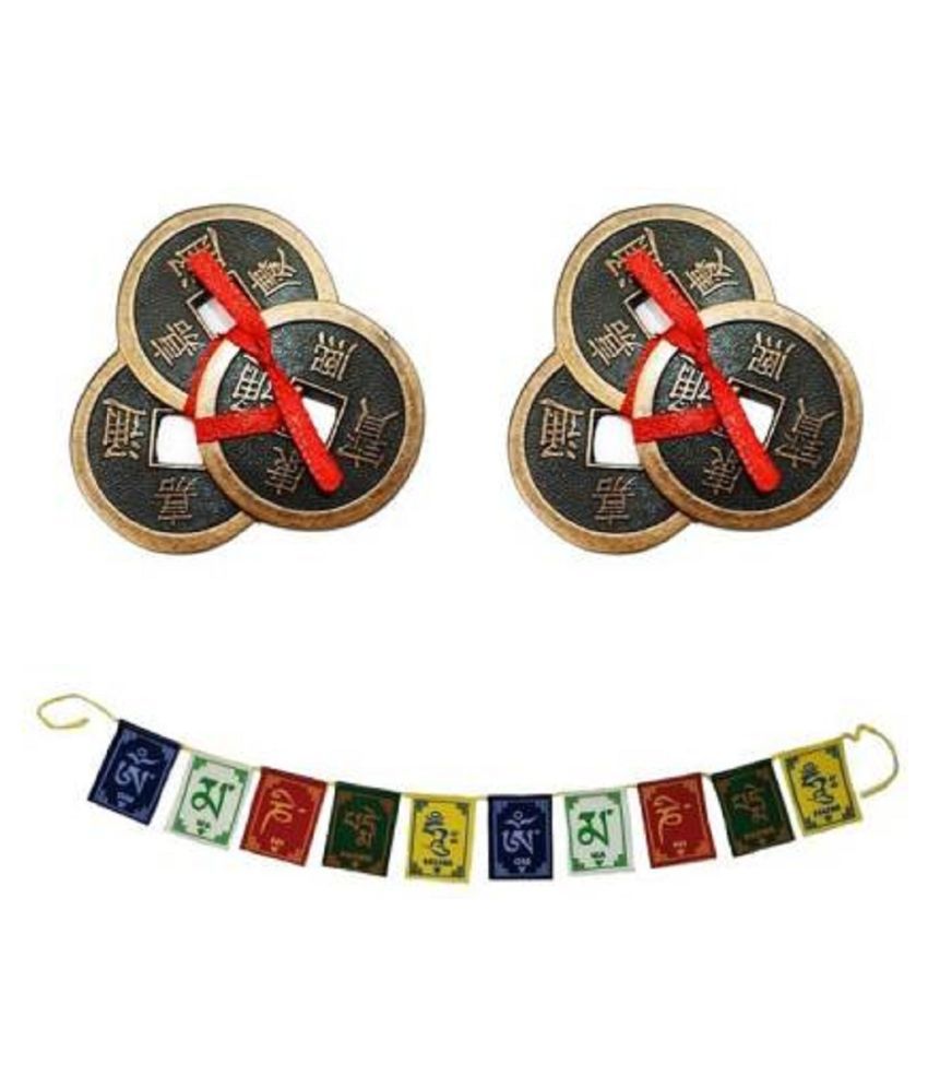     			PAYSTORE Combo Of Feng Shui Three Lucky Chinese 2" Coins with Red Ribbon for Money, Wealth & 2 Tibetan Buddhist Om Mani Padme Hum Positive Vibes Prayer Flags for Car/Motorbike -3 Feet Multicolor Decorative Showpiece - 5.5 cm