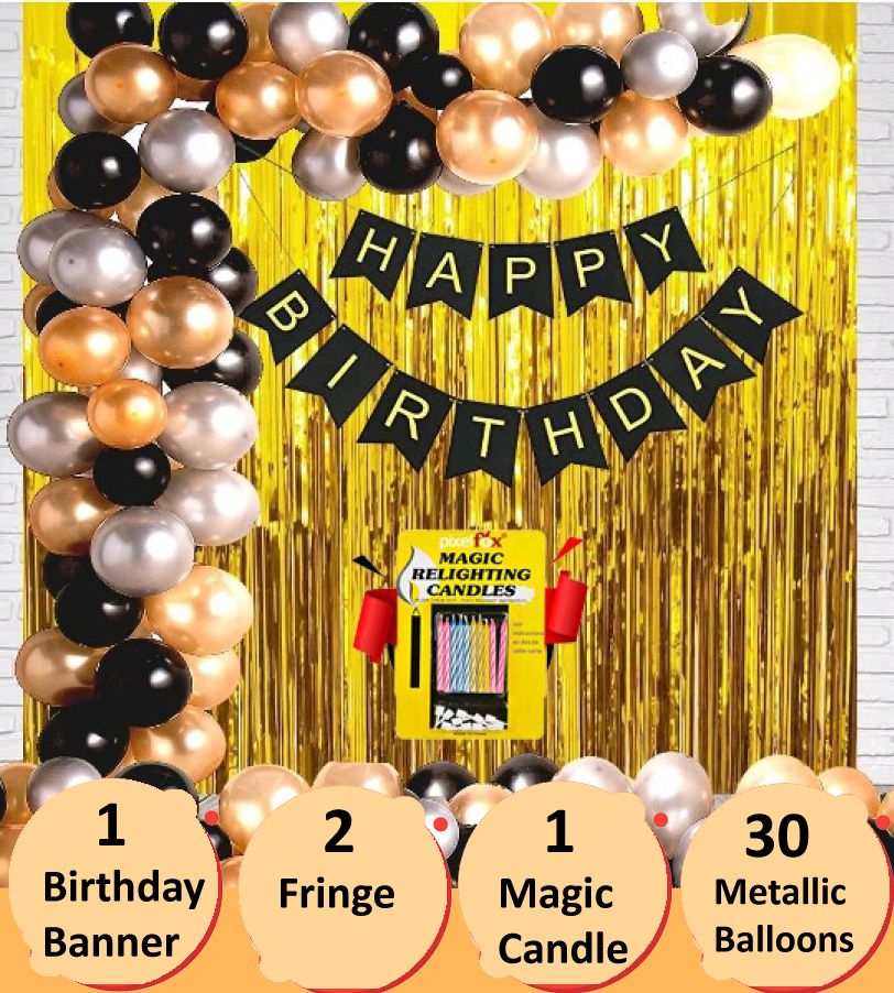     			Happy Birthday Banner (Black)+ 30 Metallic Balloons (Gold, Black, Silver) + 2 Golden Fringe +10 Magic Candle for happy birthday decoration item, birthday decoration kit, birthday decorations combo for Boys, Girls, Kids, husband and Wife.