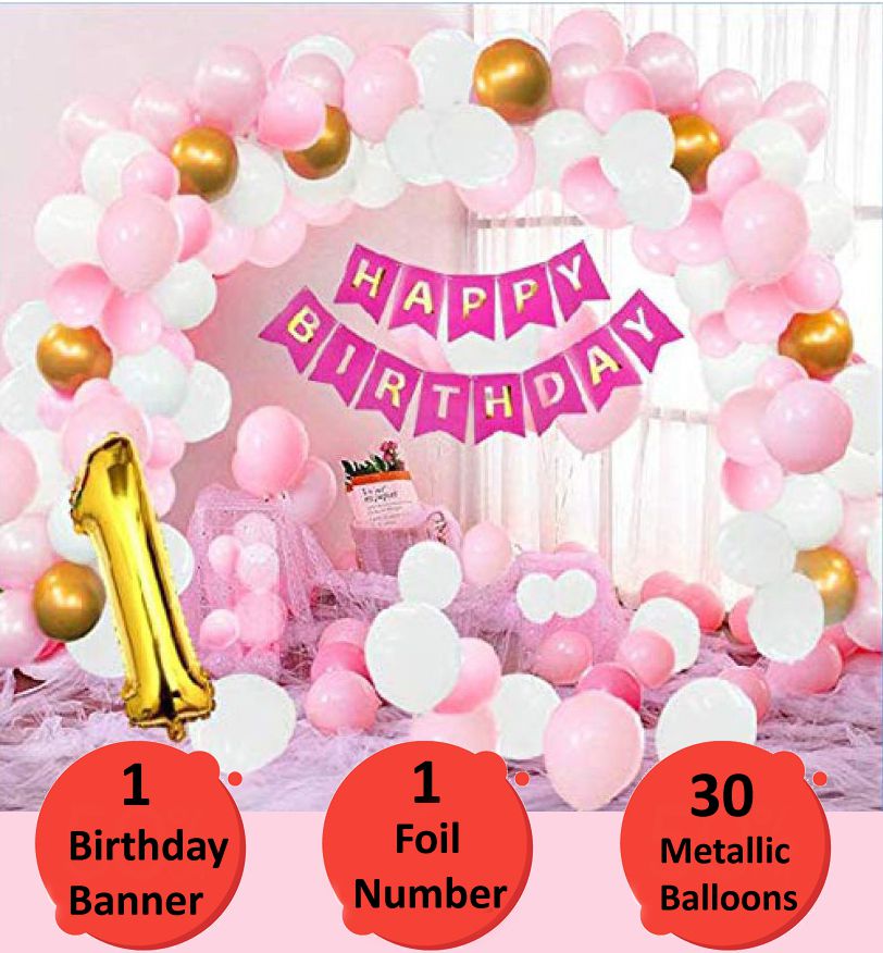     			Happy Birthday Banner (Pink)+ 30 Metallic Balloons (Pink, White, Gold) + Number 1 Foil Balloons (Gold) for happy birthday decoration item, birthday decoration kit, birthday decoration combo for Boys, Girls, Kids, husband and Wife.