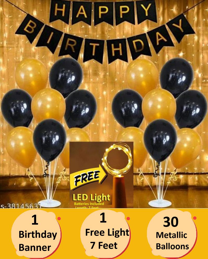 Happy Birthday Banner (Black)+ 30 Metallic Balloons (Gold, Black) + FREE 1 pc. LED Light With Battery (7 Feet)