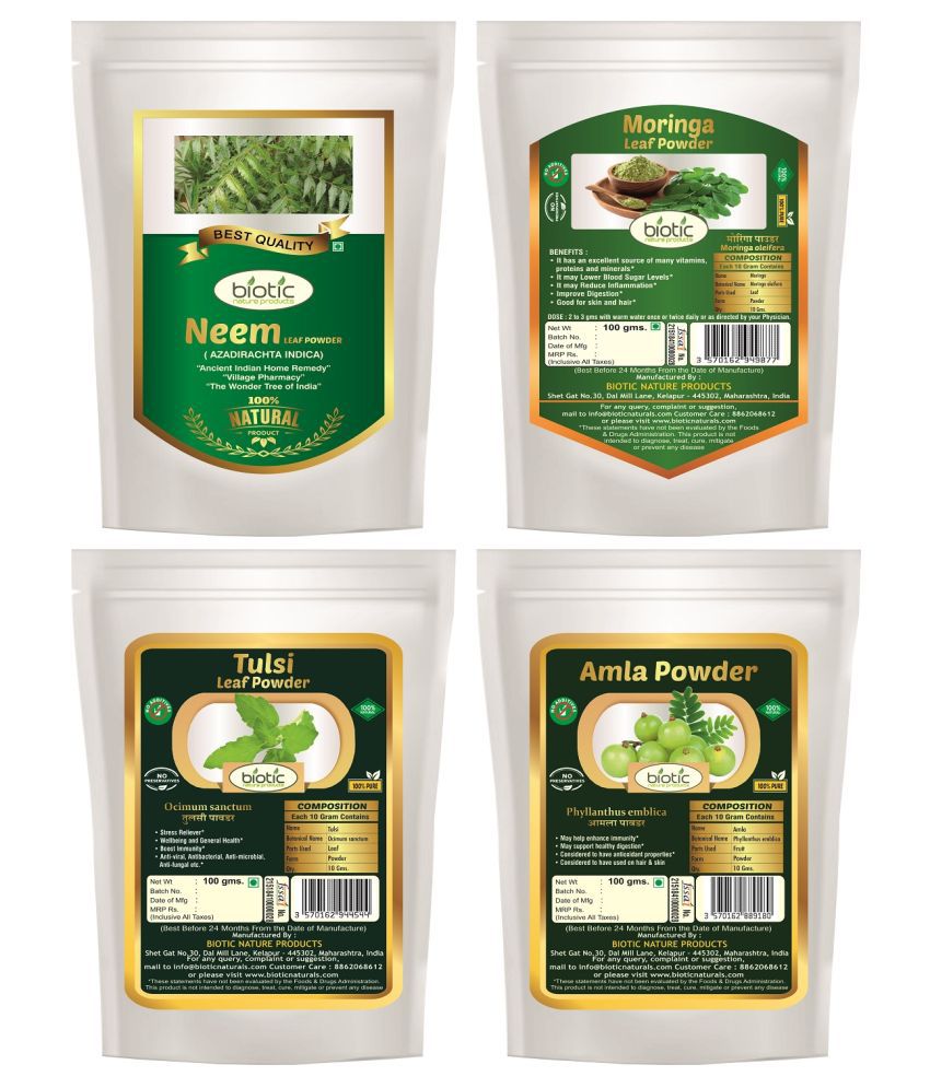     			Biotic Neem Leaf, Moringa Leaf, Tulsi Leaf and Amla Powder 400 gm Pack of 4
