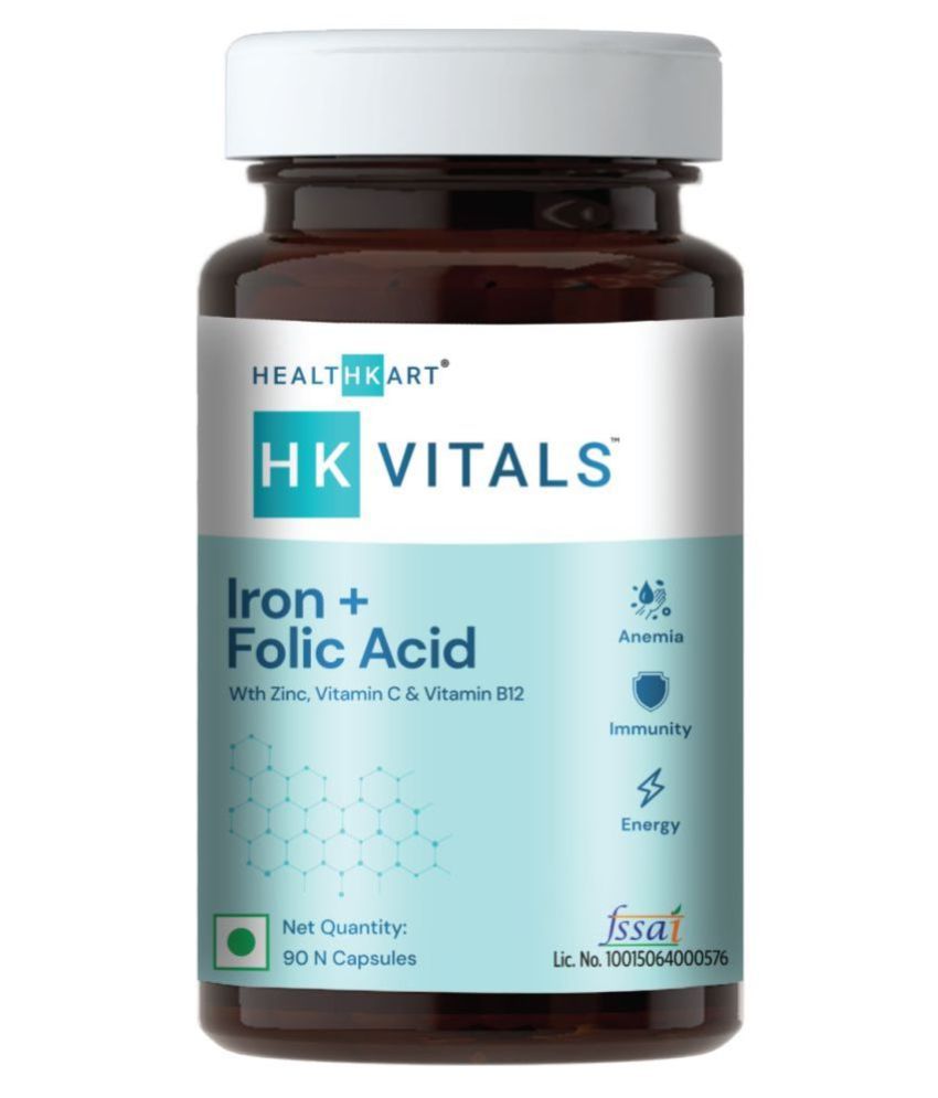 HealthKart HK Vitals Iron + Folic Acid Supplement, with Zinc, Vitamin C & Vitamin B12, 90 Capsules